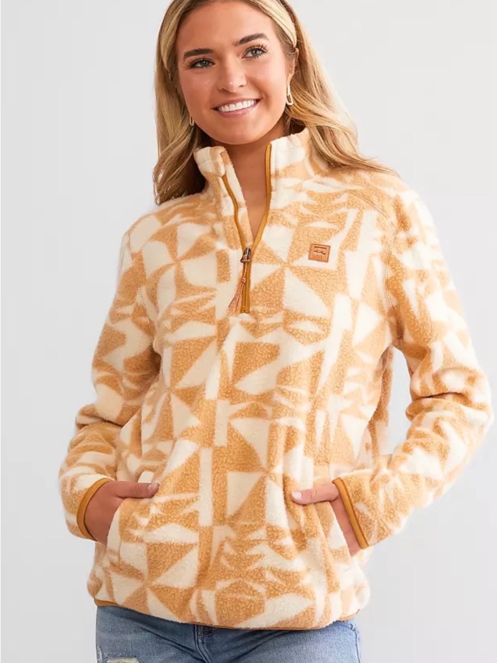 Billabong Tan & White Geometric Teddy Half‑Zip Jacket
